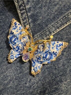 Blue Floral Porcelain Butterfly Brooch with Crystal Accents